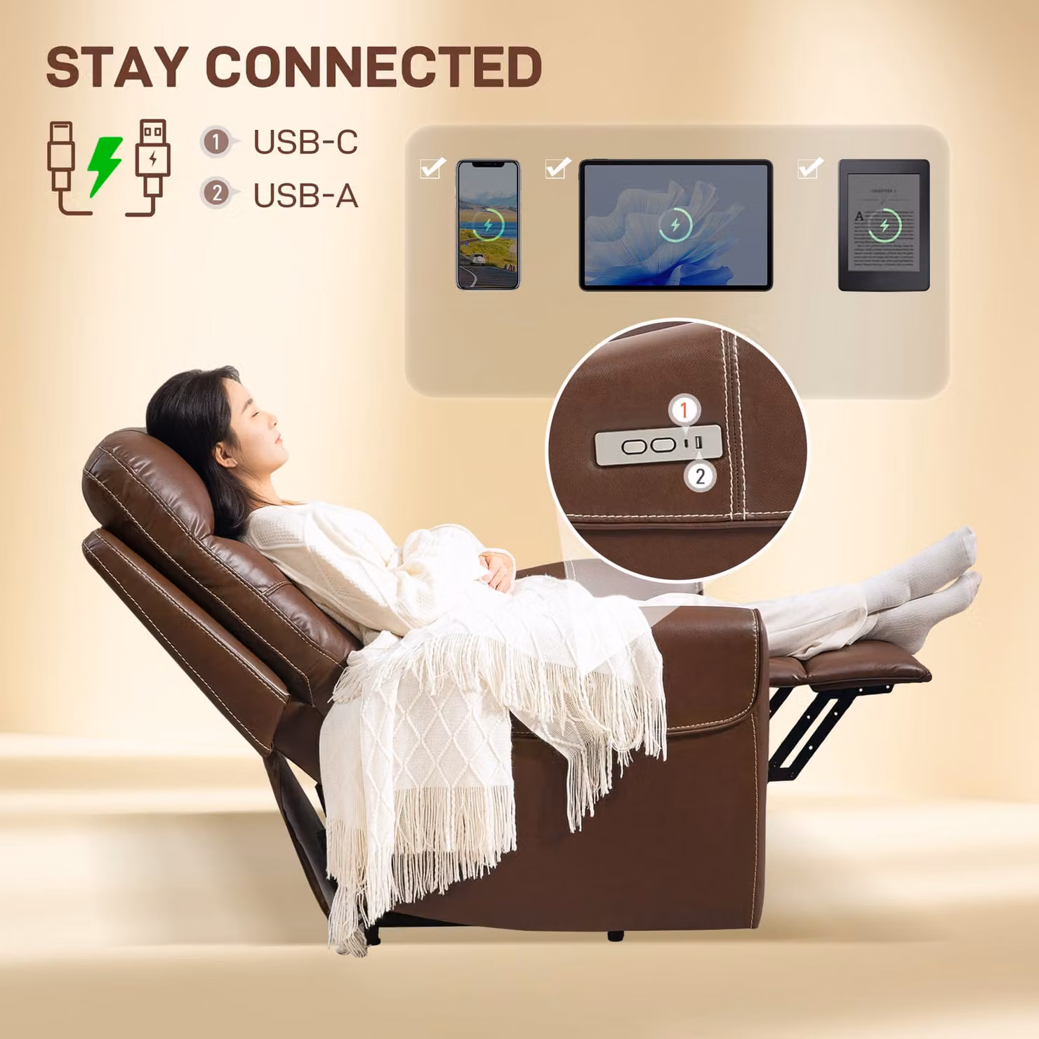 HOMCOM Power Lift Recliner Chair for Seniors in Brown Faux Leather with USB Ports and Remote Control – 5