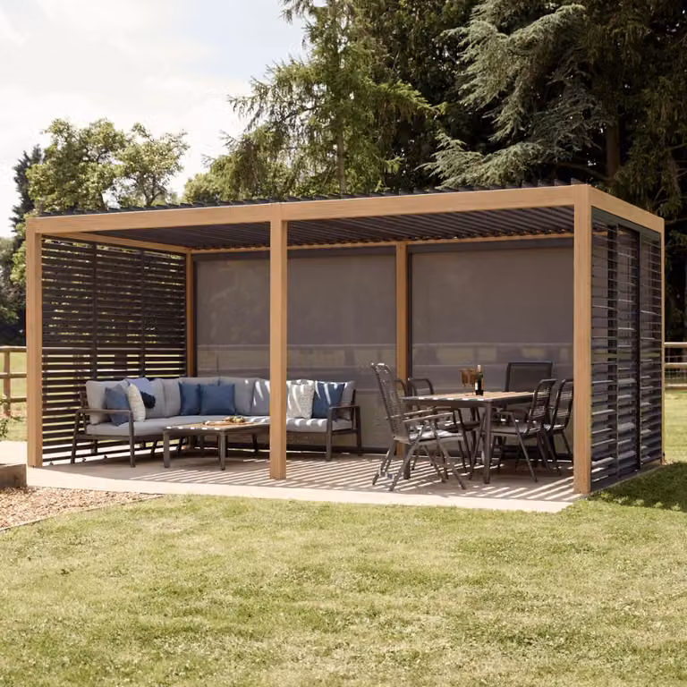 Leisure Grow Savannah Pergola with Lights in Oak Effect Brown Aluminium