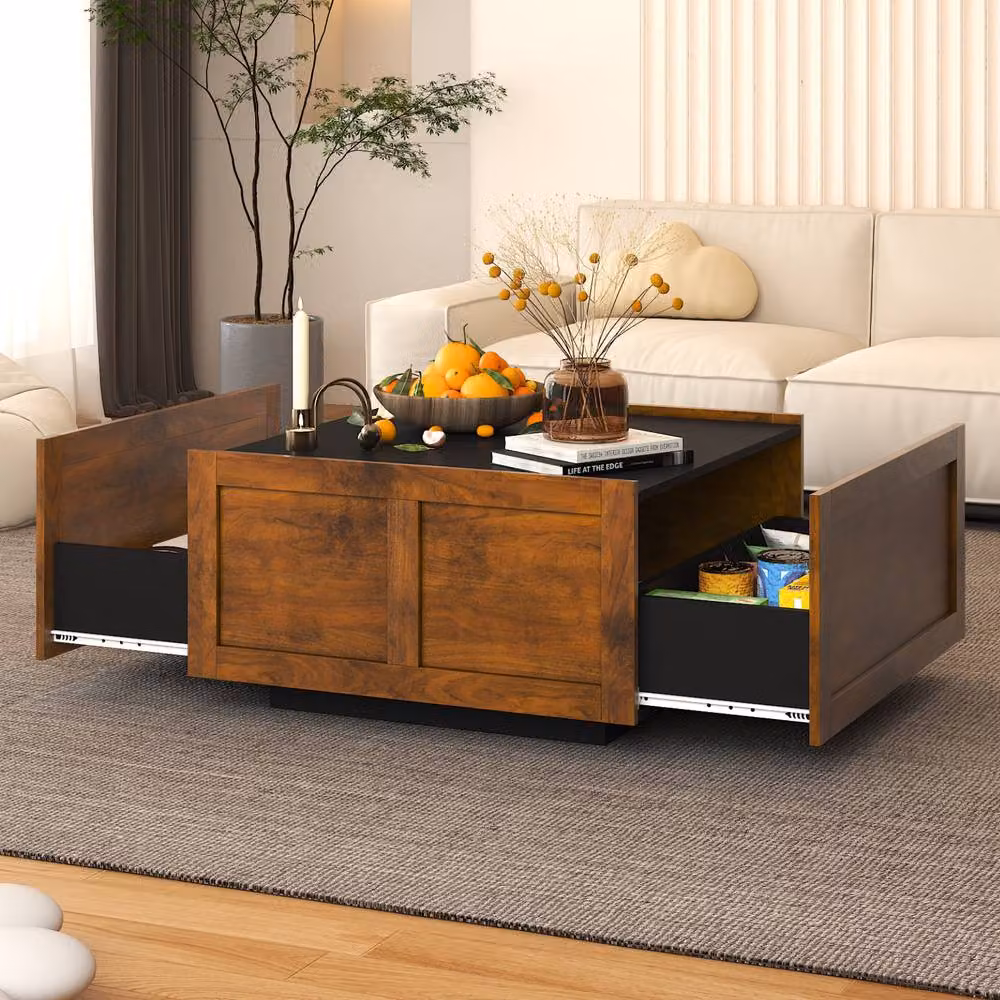 KEEPREAPER Mid-Century Brown Square Farmhouse Coffee Table with 2 Storage Drawers – 1
