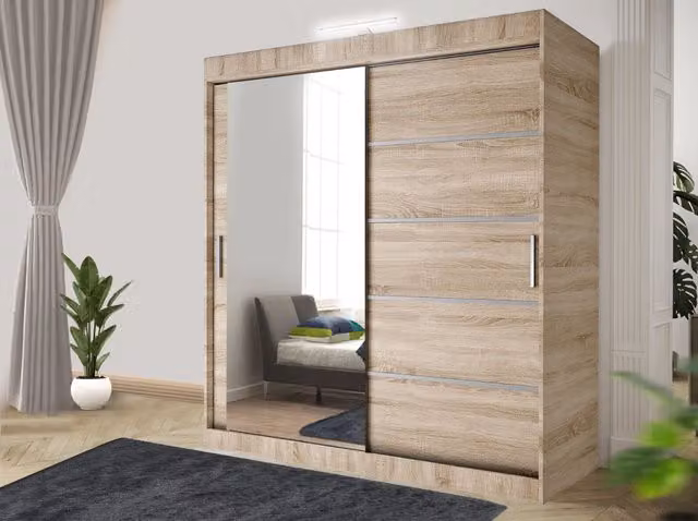 RAC3 Modern Sliding Door Wardrobe with Mirror, Integrated LED Lighting and Drawers in Black and Light Oak, Height: 203 cm