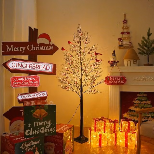 Smartbies Pre Lit LED Twig Birch Christmas Tree Lamp with Red Birds in Black, H 150 cm x W 15 cm x D 15 cm