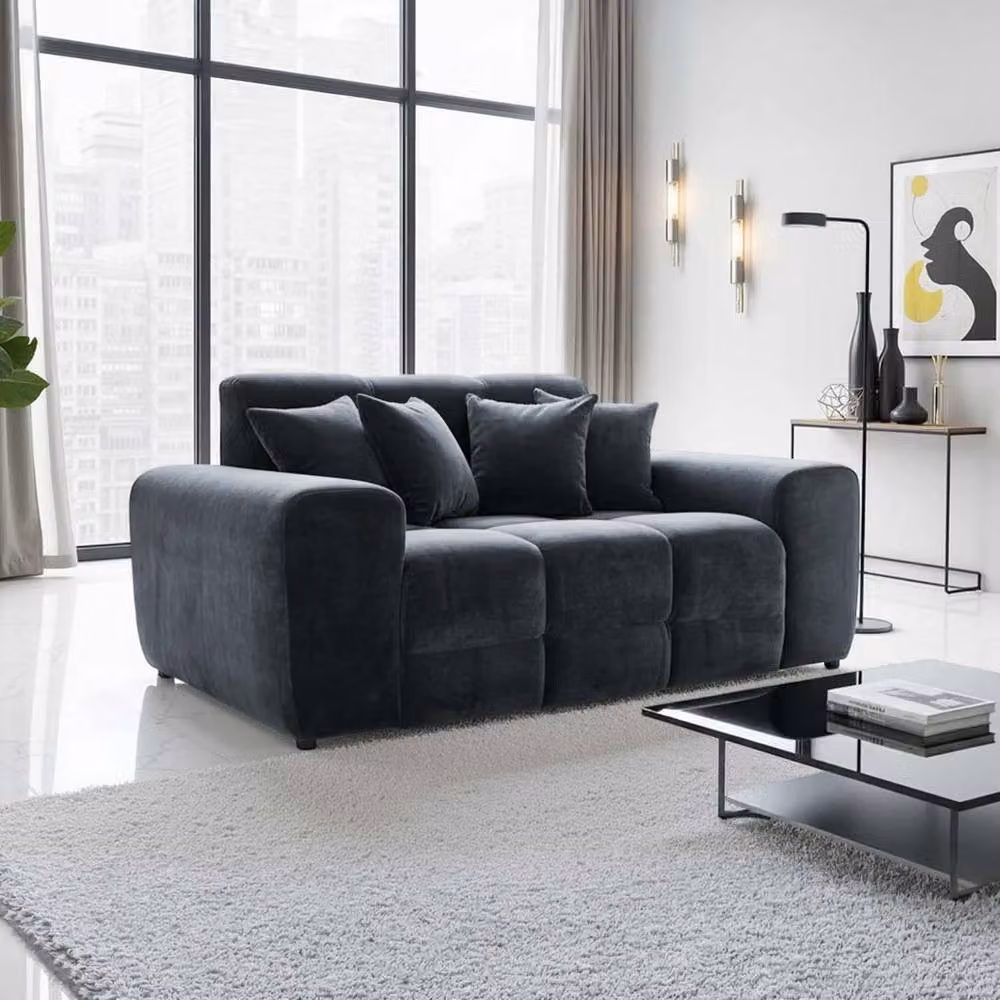 Furnishings For Less UK Jenson Black 2 Seater Plush Velvet Sofa with Deep Seats and Scatter Cushions W/D/H: 175 x 105 x 90 cm – 2