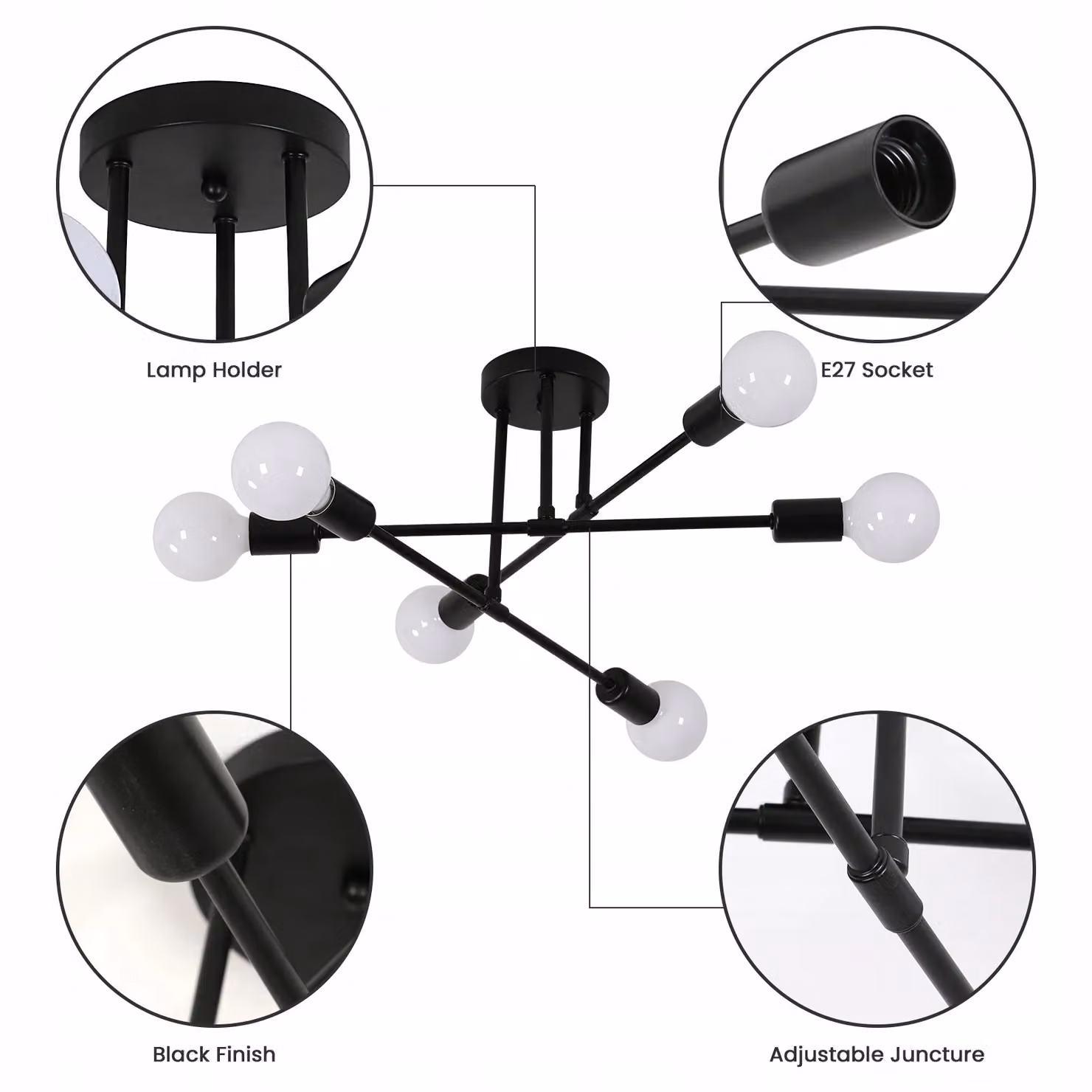 COMELY Sputnik 6-Light Modern Flush Ceiling Light in Matte Black, Diameter: 52 cm – 3