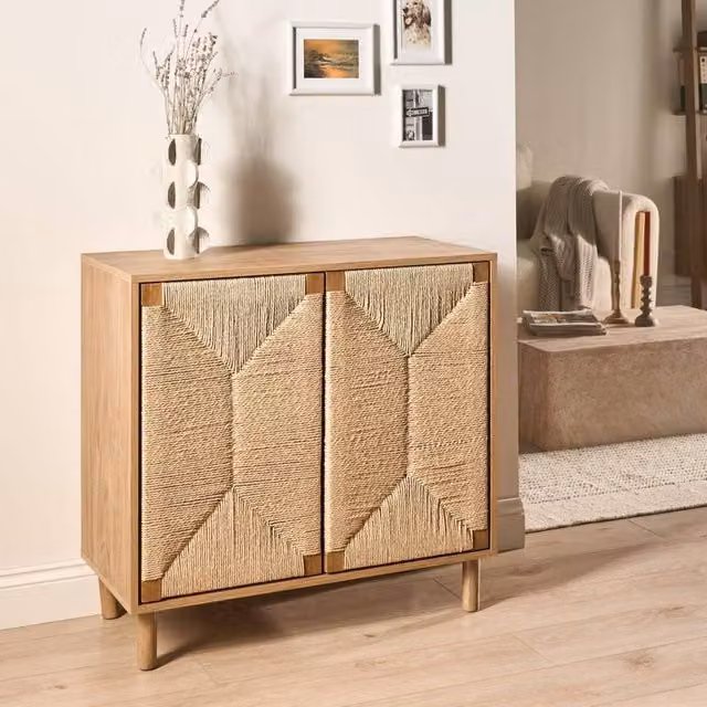 Wyld and Coco 2-Door Boho Sideboard in Light Brown with Paper Rope Front