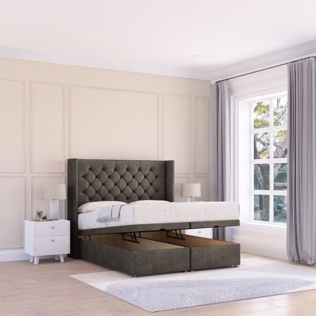 Sloomy Dior Dumfries King Size Fabric Ottoman Bed in Dark Grey with Winged Floorstanding Headboard and Hybrid Memory Mattress W/D/H: 180 x 200 cm