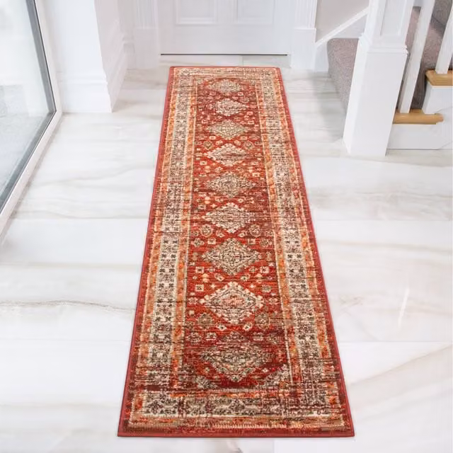 The Rug House Red Terracotta Bordered Traditional Medallion Oriental Living Room Rug, W: 240 cm, D: 60 cm