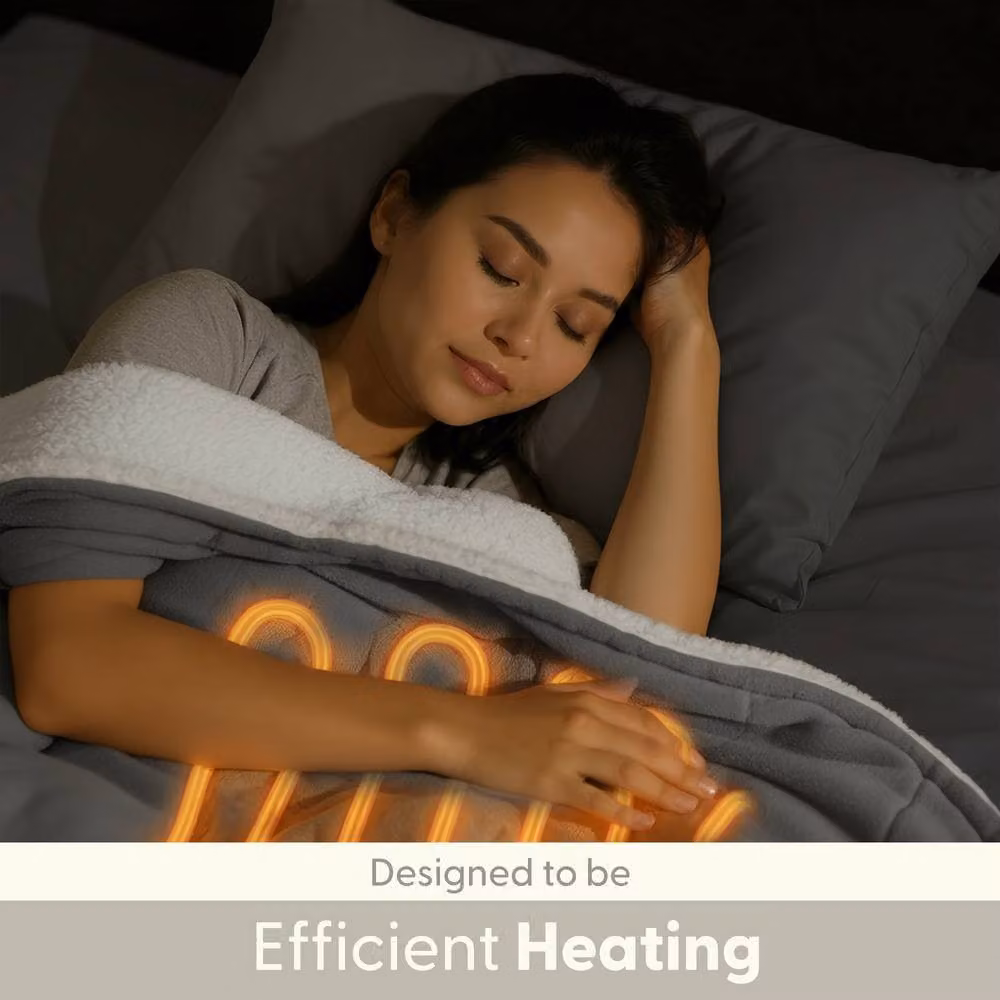Keplin Large Electric Heated Throw Blanket in Grey, Fleece and Sherpa Wool Duvet with 9 Heat Settings and Timer, W/D/H: 160 x 130 x 130 cm – 4