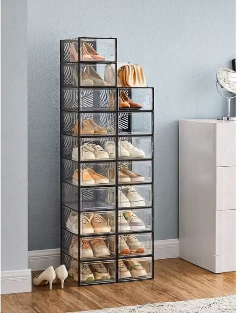 SONGMICS Transparent Stackable and Foldable Acrylic Shoe Storage Boxes in Black