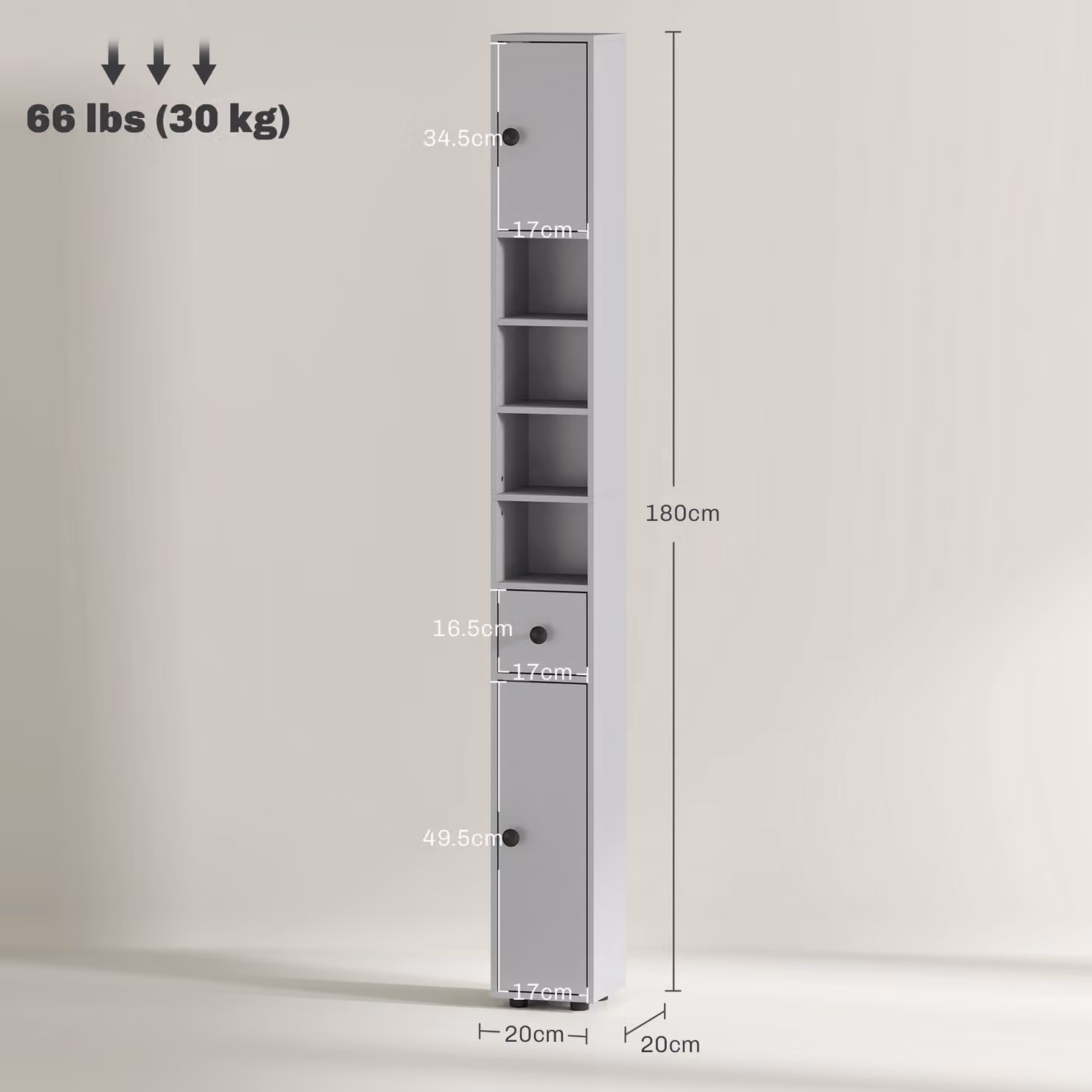 Kleankin Slim Grey Bathroom Cabinet with LED Lighting, Drawers and Shelves, Height: 180 cm – 3