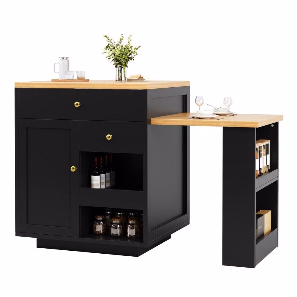 Rolipo Black Extendable Modern Kitchen Island with Storage and Wine Rack – 8