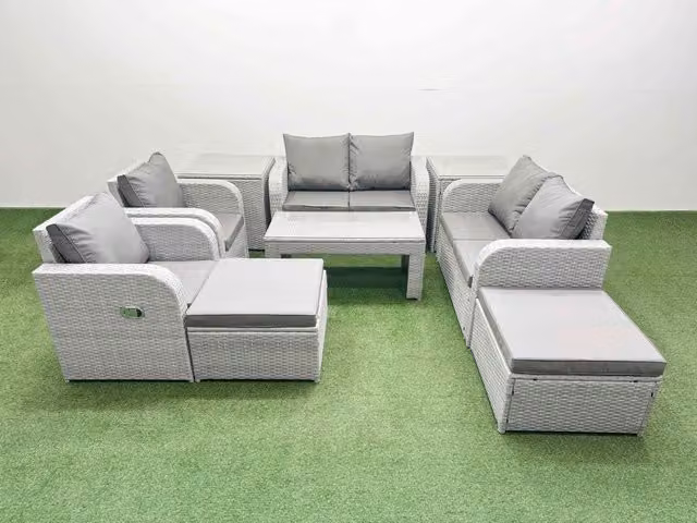 Fimous 8 Seater Rattan Garden Furniture Set in Light Grey with Reclining Sofas, Coffee Table, Ottomans and Side Tables