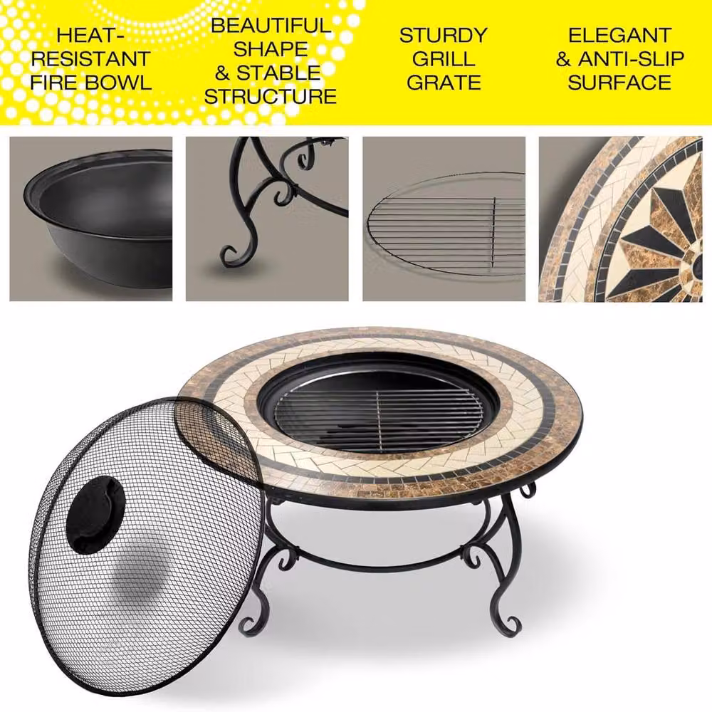Centurion Supports TOPANGA Multi-Functional Garden Fire Pit, Coffee Table, Barbecue and Ice Bucket with Ceramic Tiles in Brown, Black and Multicolour, W/D/H: 80 x 80 x 42 cm – 3