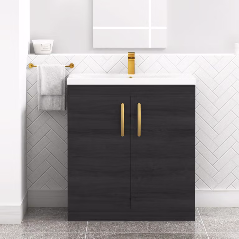 Turin Hale Black Matt Free Standing 2 Door Bathroom Vanity Unit with Mid-Edge Basin and Brushed Brass Handles, Width: 80 cm