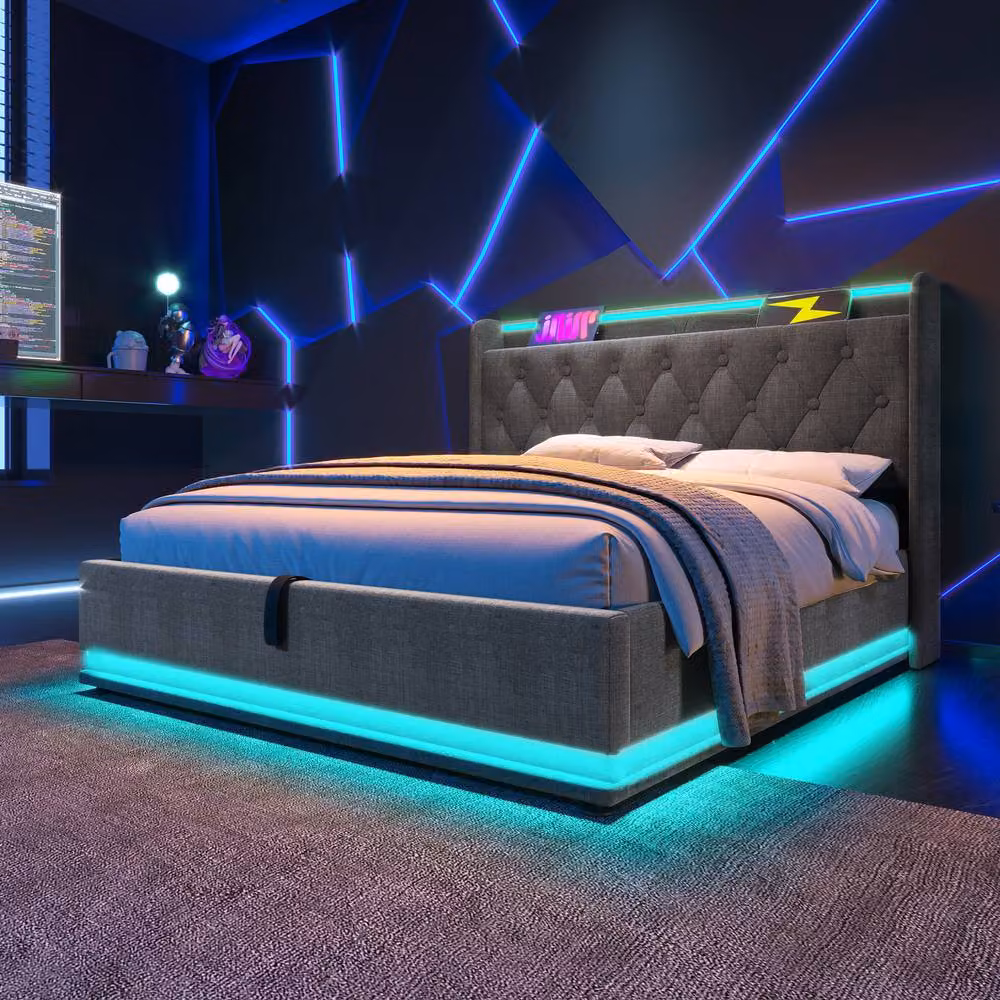 Merax Grey Upholstered Double Bed Frame with 360 LED Lighting, USB Charging Ports and Hydraulic Storage, W: 150 cm x D: 200 cm – 8