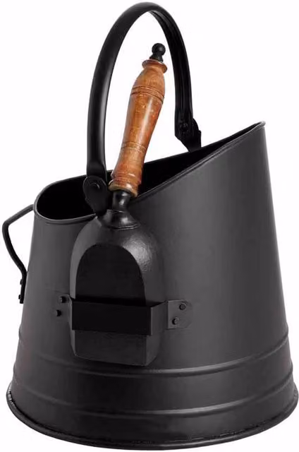 Lemon Pavilion Furniture and Decor Black Steel Coal Bucket with Teak Handle Shovel, W: 25 cm, D: 22 cm, H: 28 cm – 1