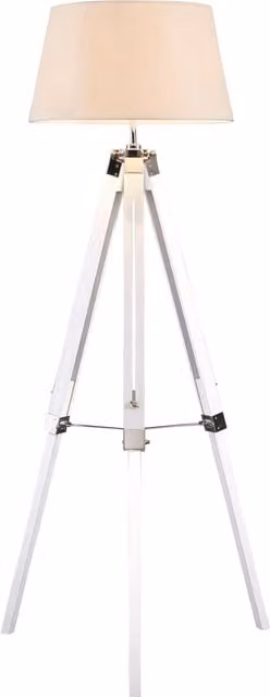 Orsina Industrial Minimalist Tripod Floor Lamp in White and Wood with Fabric Shade