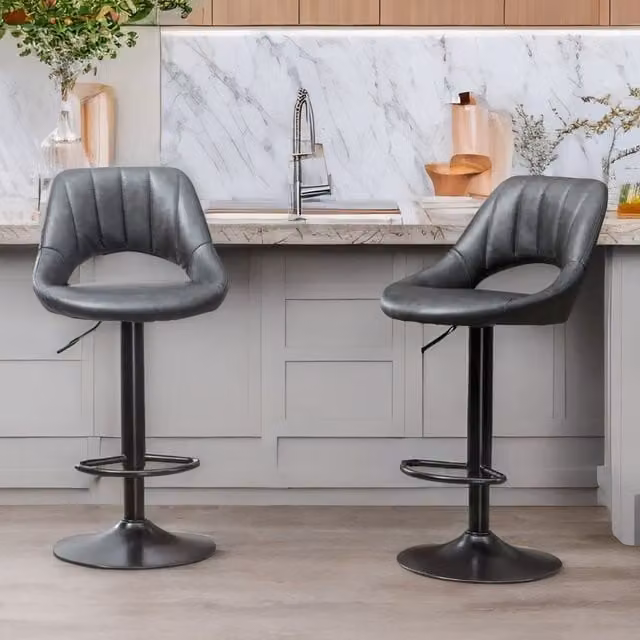 Rafaelo Mobilia Set of 2 Height Adjustable 360 Degree Swivel Barstools in Grey and Black PU Leather