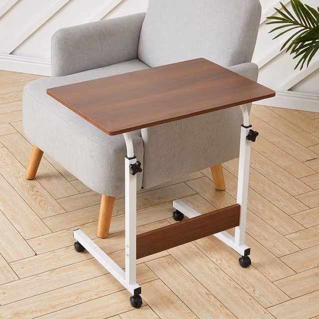 Living and Home Height Adjustable Mobile Overbed Desk with Wheels in Brown – 1