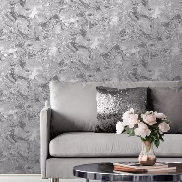 Muriva Elixir Abstract Liquid Marble Effect Wallpaper in Grey and Silver