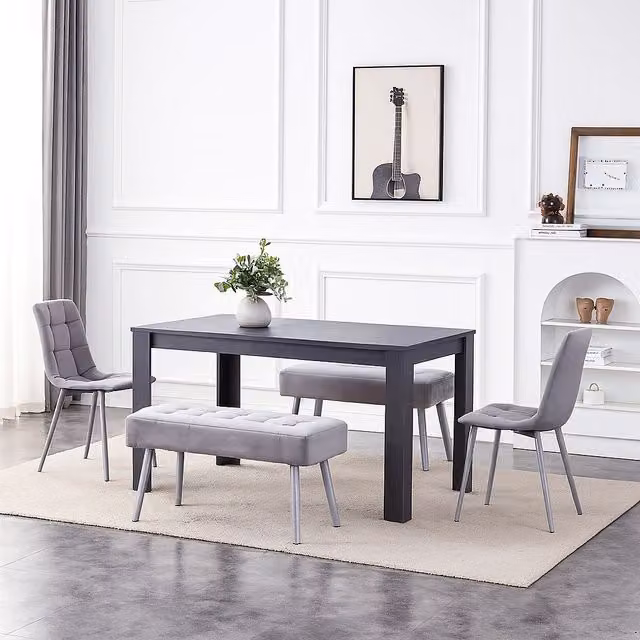 KOSY KOALA Modern Dining Table Set with 2 Grey Velvet Chairs and 2 Grey Benches in Brown – 1