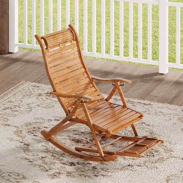 Komore Brown Bamboo Rocking Chair with Armrests and Padded Seat