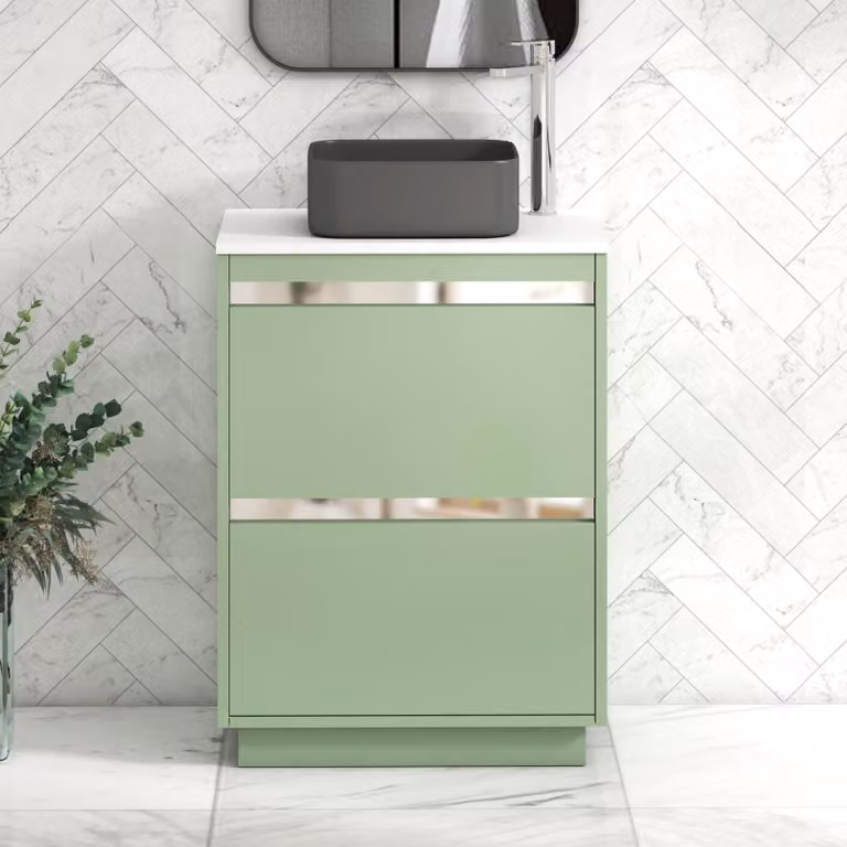 Royal Bathrooms Orion 600mm Mint Sage Floor Standing Vanity Unit with 2 Drawers, Art Square Basin and Chrome Accent Trim, White