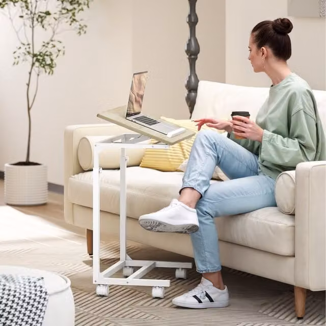 HOMCOM C-Shaped Side Table with Tilting Desktop and Height Adjustable Top in White