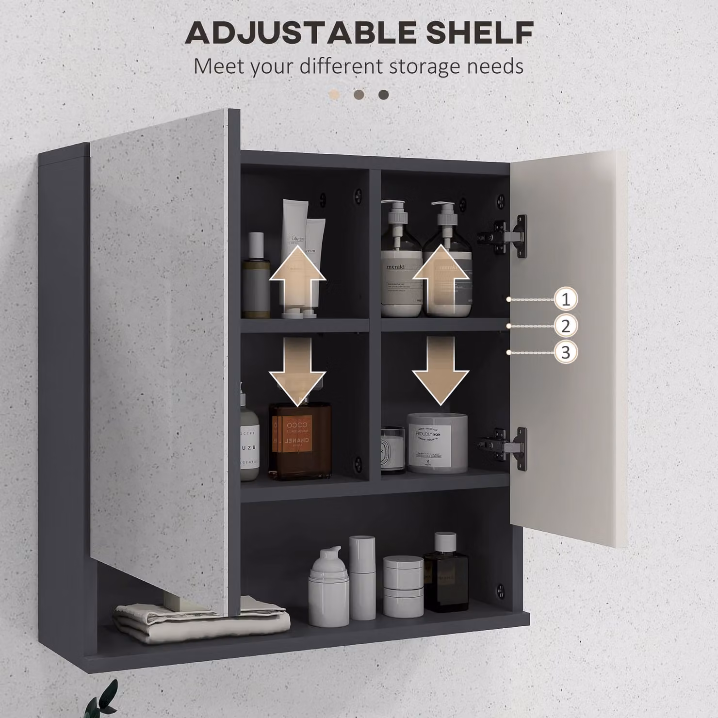 Kleankin Bathroom Mirror Wall Cabinet with Internal Shelves and Hinged Doors, Grey, W: 55 cm, D: 17 cm, H: 55 cm – 4