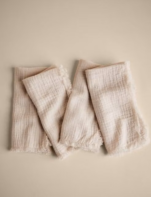 M&S Set of 4 Plain Muslin Napkins with Frayed Edges in Beige