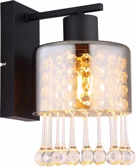 Globo Lighting Black Metal and Crystal Wall Lamp with Transparent Smoke Glass for Hallways and Bedrooms, Height: 26 cm – 5