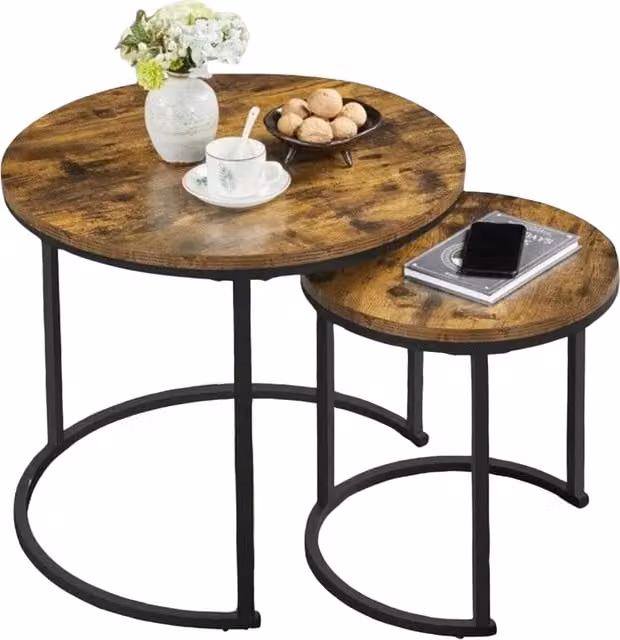Pirlo Plush Set of 2 Round Nesting Tables in Brown Rustic Finish