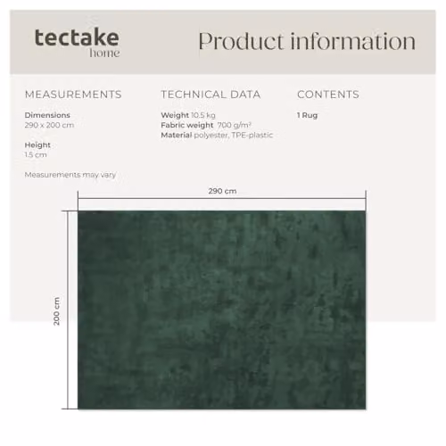 tectake Green Allergy-Friendly Short-Pile Fluffy Rug, Washable and Non-Slip Polyester Carpet, W/D: 200 x 290 cm – 2