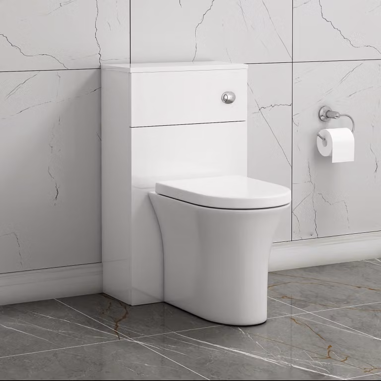 Royal Bathrooms Gloss White 500mm Wall Mounted WC Unit and Ceramic Back to Wall Toilet Set with Rimless Design and Soft Close Seat