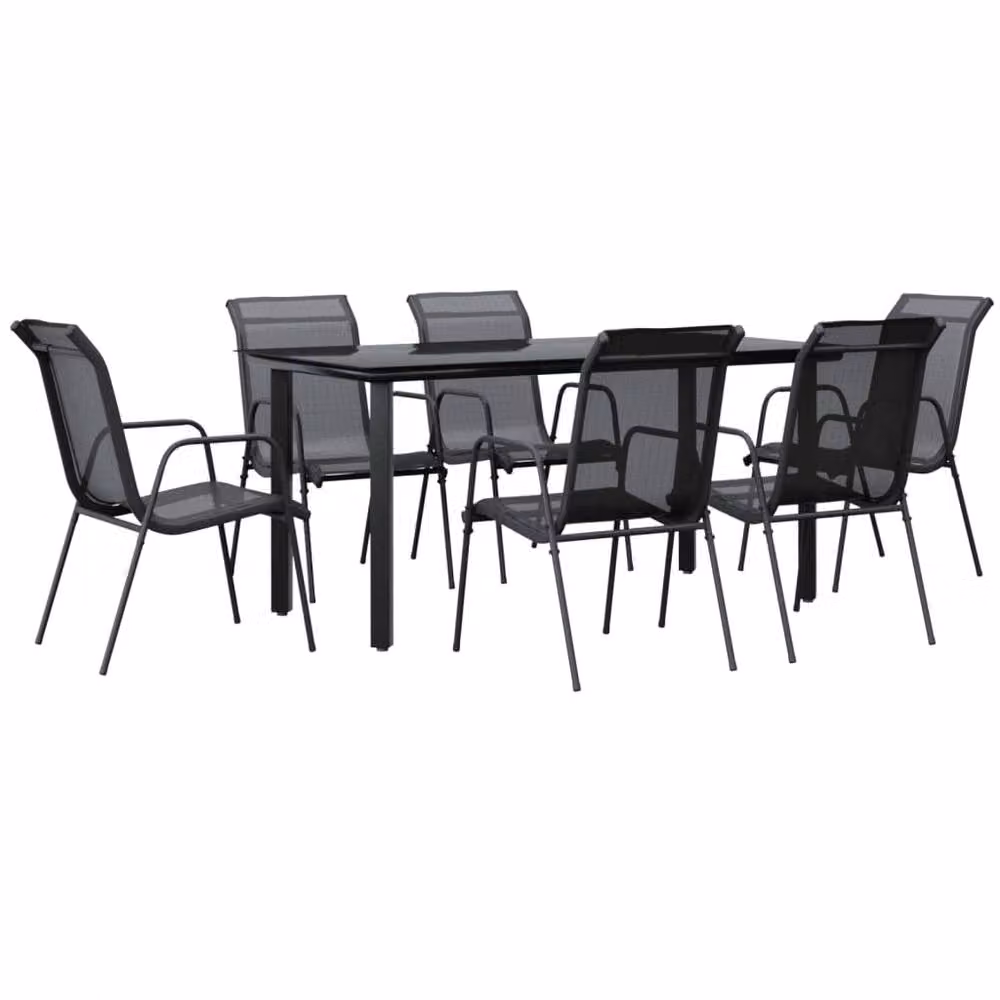 Berkfield Home 7 Piece Garden Dining Set in Black Matt Steel and Textilene with Glass Top – 2