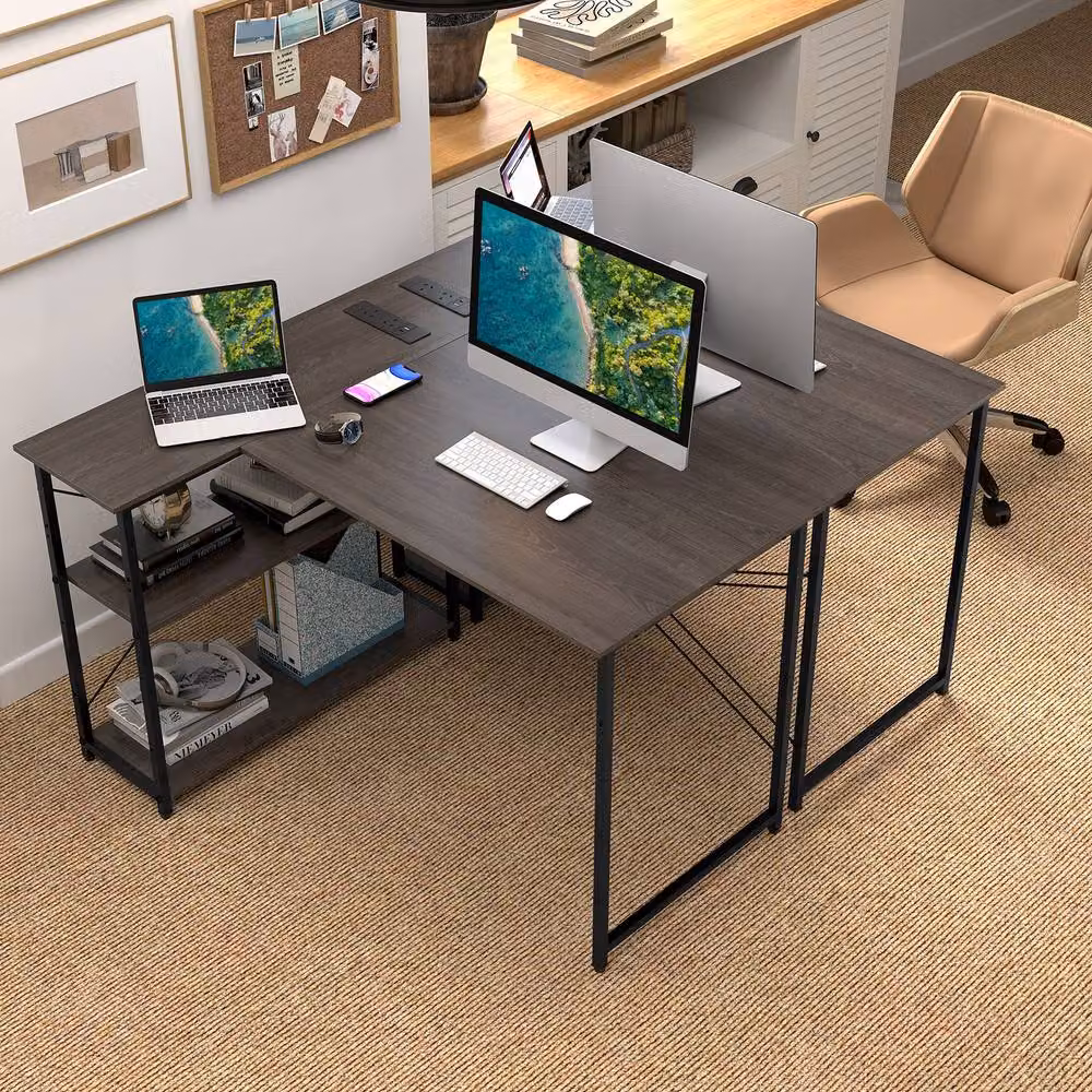 Costway L-shaped Corner Computer Desk with Power Outlet and Reversible Shelves in Grey – 7