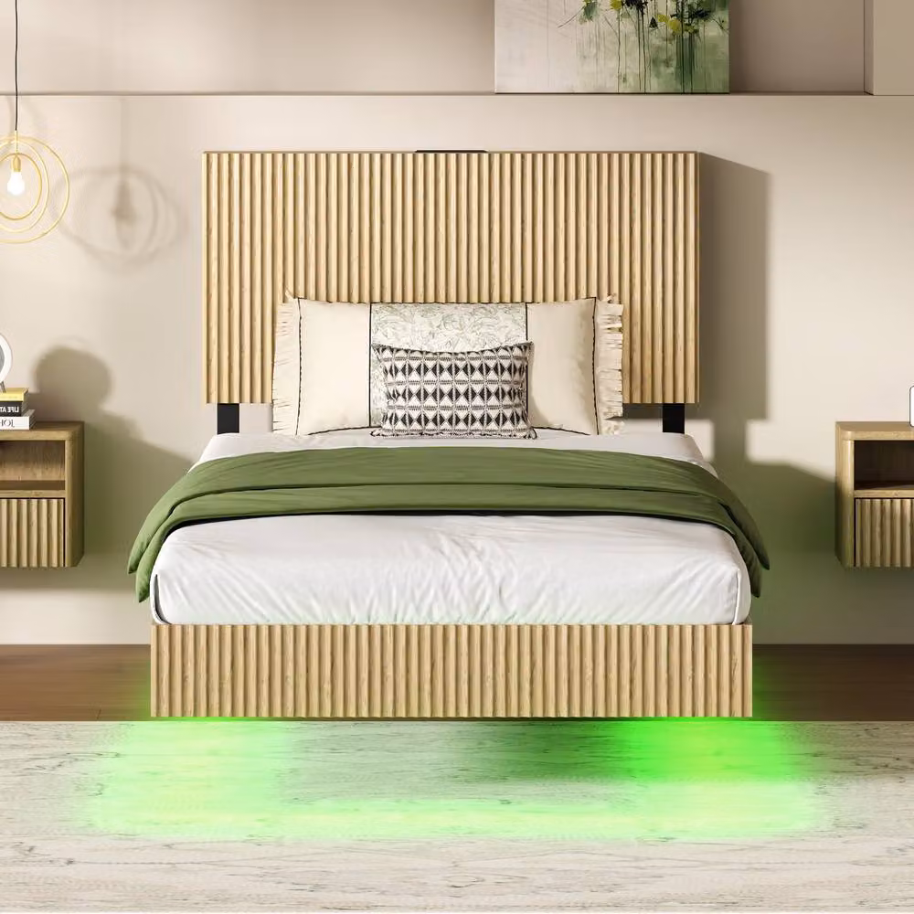 Matteo Modern Floating Single Bed with LED Under-Bed Lighting and Fluted Headboard in Natural Sand/Beige, W/D/H: 90 x 200 cm – 3