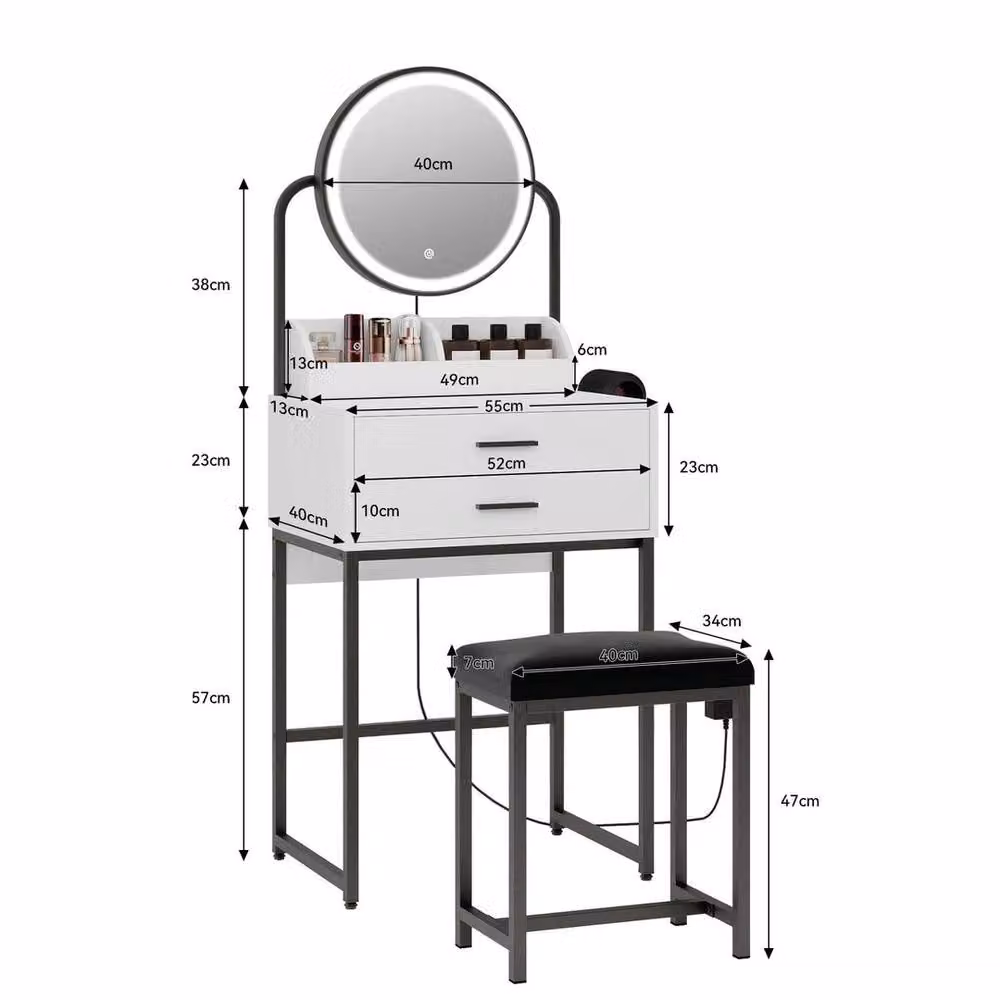 EONLION Modern White Dressing Table Set with Hollywood LED Mirror and 2 Drawers, Width: 100 cm – 2
