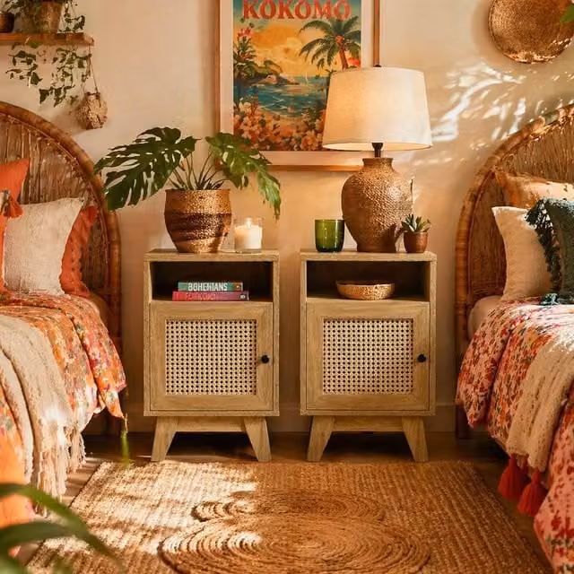 Wyld Haus Hazi Set of 2 Natural Wood Effect and Rattan Bedside Tables in Brown – 1