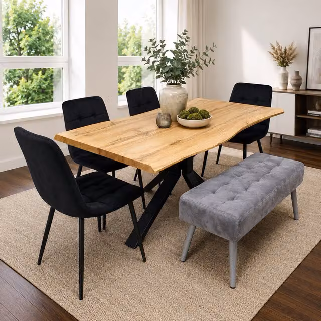 Kosy Koala Modern Dining Set with Rectangular Table, 2 Black Velvet Chairs and 1 Grey Velvet Padded Bench