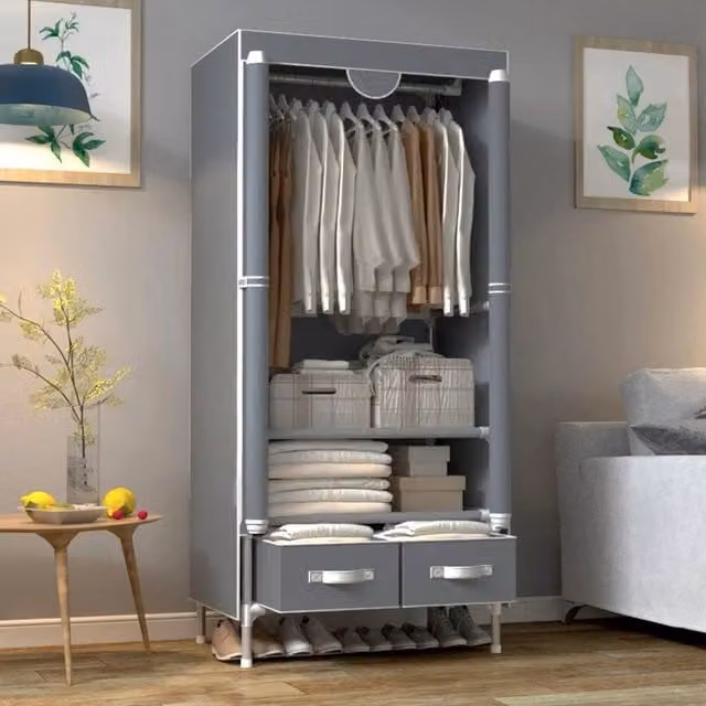 FORGEVIO Grey Canvas Wardrobe with 2 Integrated Drawers, W/D/H: 75 x 45 x 170 cm