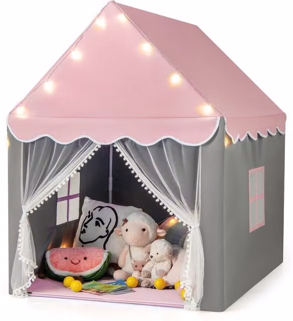 COSTWAY Kids Playhouse Fairy Tent Castle in Pink with Light and Sound Effects