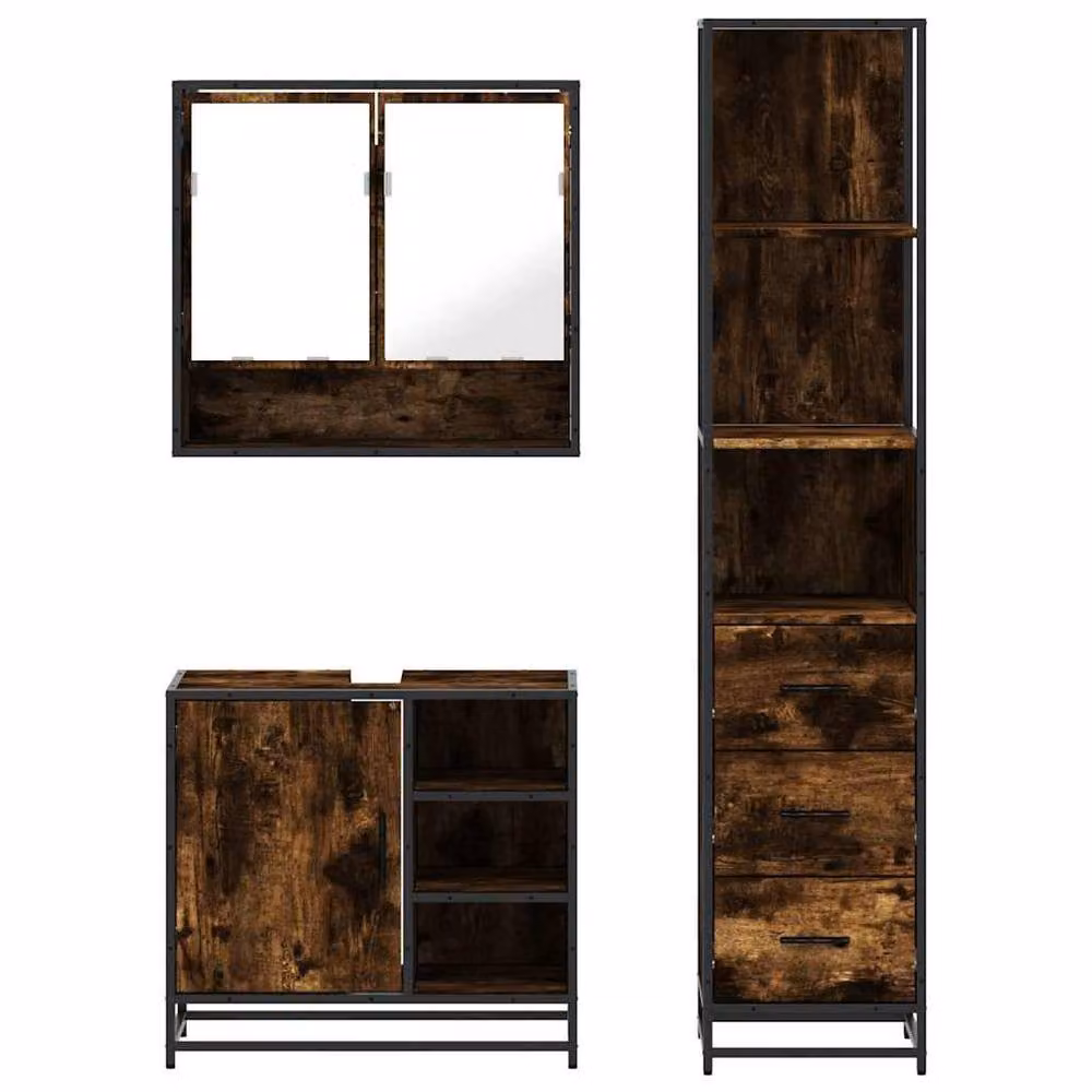 Berkfield Home 3 Piece Industrial Bathroom Furniture Set in Brown Smoked Oak – 4