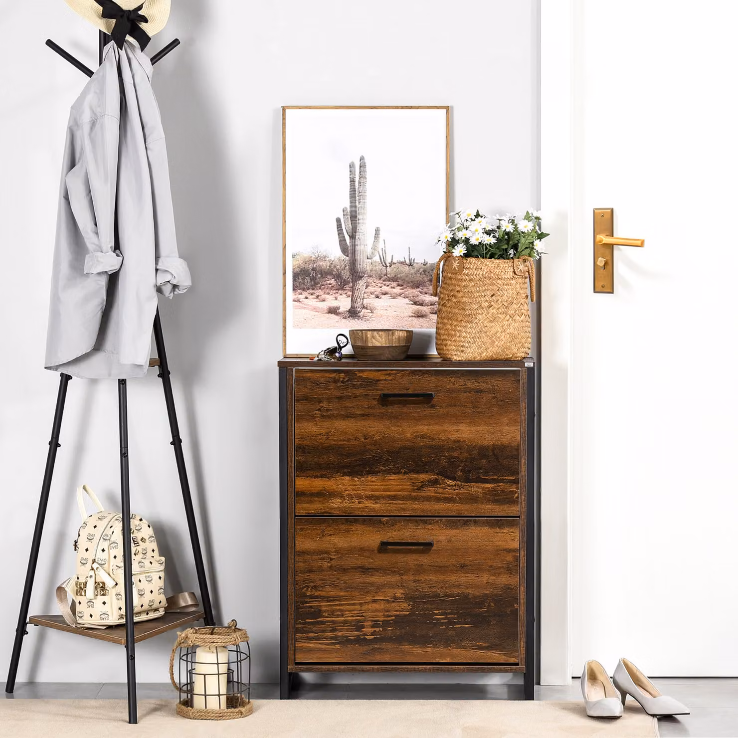 HOMCOM Industrial Slim Shoe Cabinet in Brown with 2 Tilting Drawers for 12 Pairs of Shoes – 2