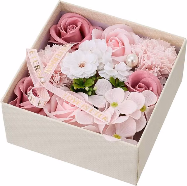 Living and Home Pink Square Soap Flower Gift Box with Mixed Floral Arrangement