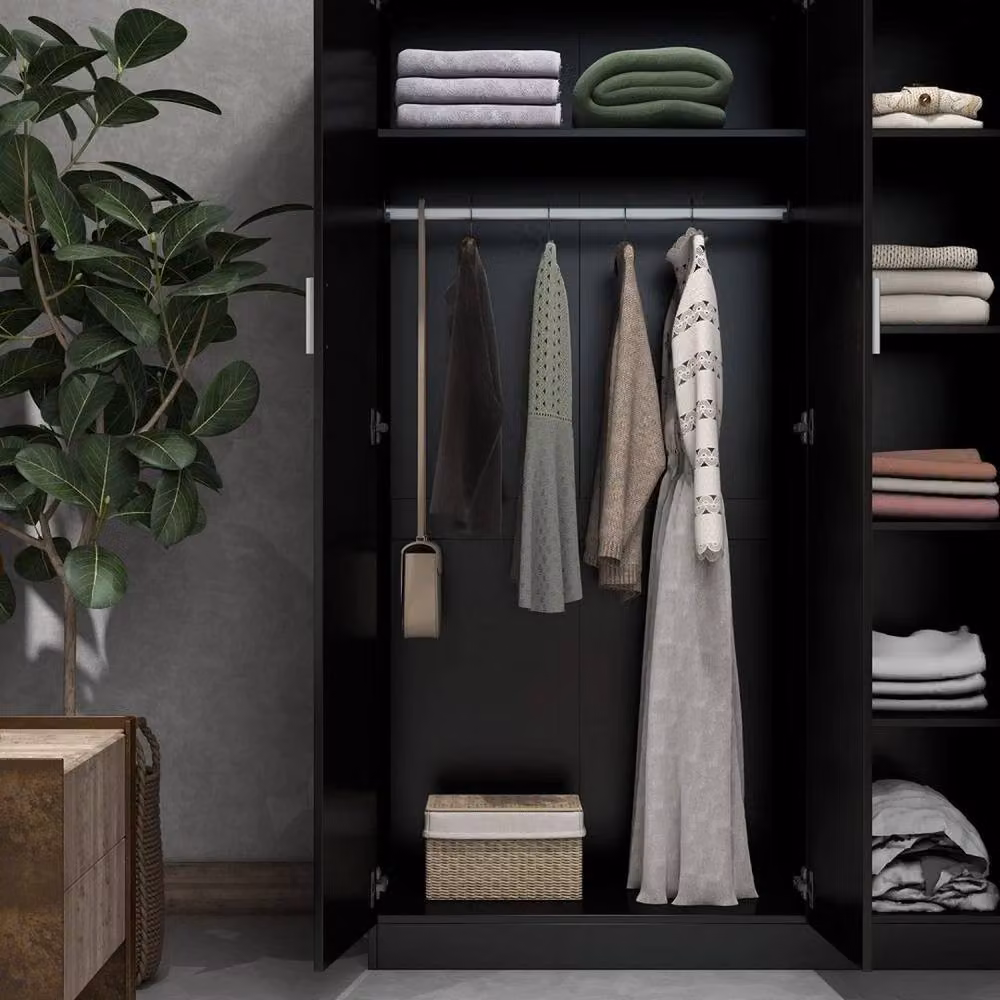 FORGEVIO Modern 3 Door Wardrobe in Black and Silver with Hanging Rail and Trouser Rack, H 180 cm x W 115.4 cm x D 50 cm – 4