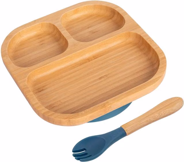 Tiny Dining Bamboo Segmented Baby Weaning Divided Plate and Fork Set in Blue