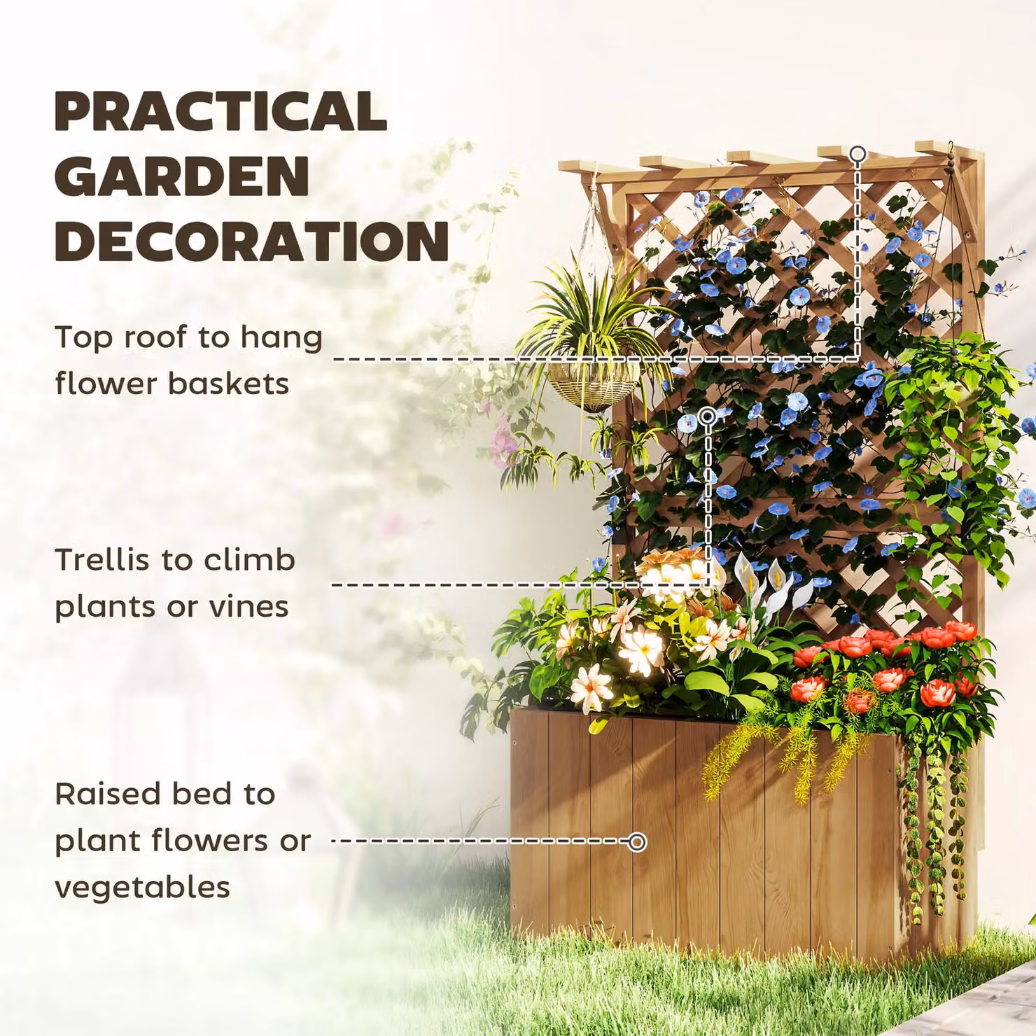 OUTSUNNY Brown Wooden Raised Planter Bed with Trellis for Climbers, W/D/H: 122 x 64 x 33 cm – 3
