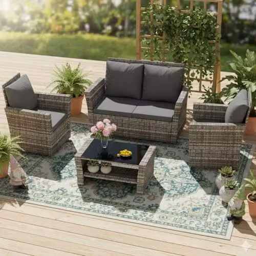 Birchtree 4 Seater Grey Rattan Garden Furniture Set with 2 Seater Sofa, Armchair, Coffee Table and Cushions – 2