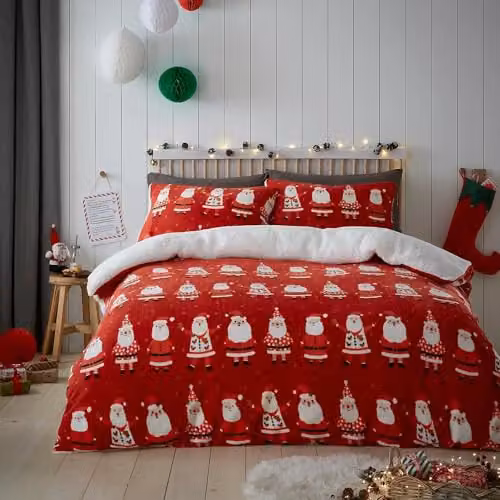Bedlam Jolly Santa Reversible Christmas Fleece Duvet Cover and Pillowcase Set in Red and White, W/D/H: 140 x 200 cm