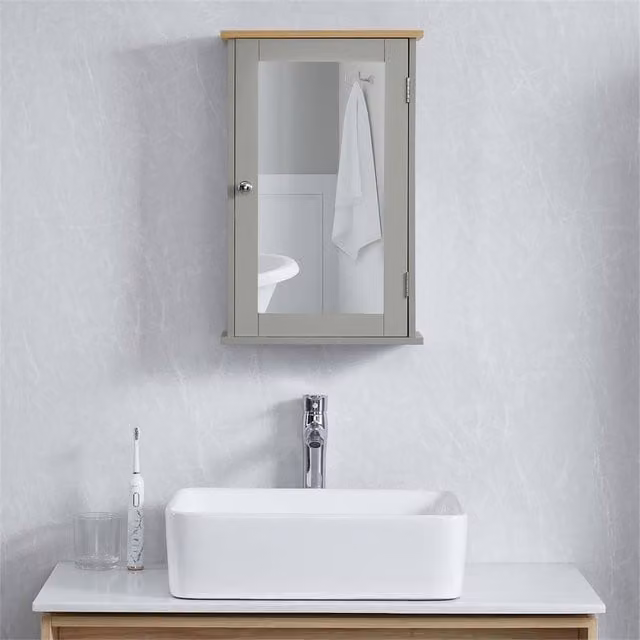 FORGEVIO Modern Grey Wall-Mounted Bathroom Cabinet with Single Hinged Mirror Door – 1